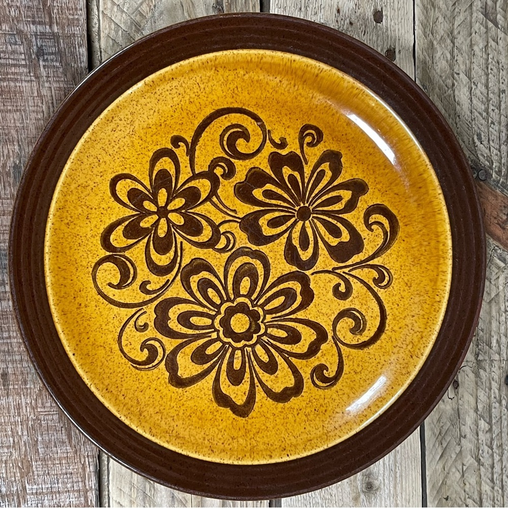 Homer Laughlin Deco Stone Plate Andre Ponche Gold Glade 10” Yellow Brown Dish